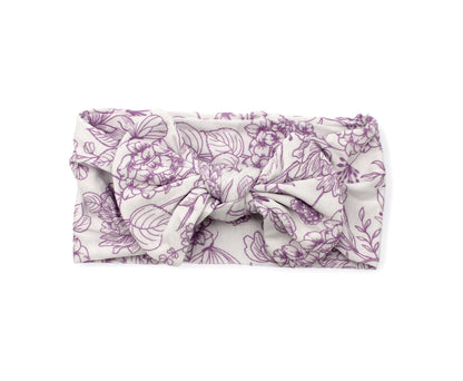 Shae & Palmer baby headband in the Botanical Amethyst Purple print made from ultra-soft bamboo fabric.