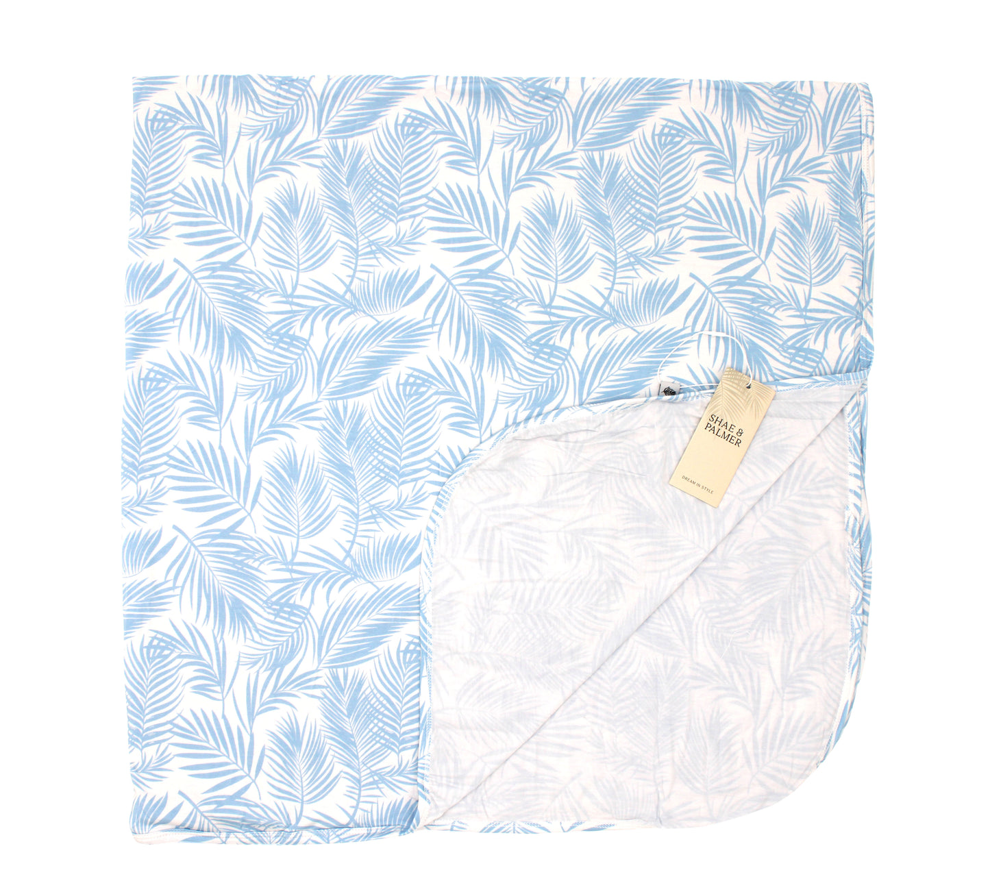 Buttery soft bamboo baby blanket in baby blue palm leaf print from Shae & Palmer Cali Coastal collection, lightweight breathable blanket for stroller, crib, or swaddle