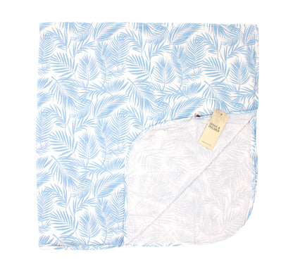 Buttery soft bamboo baby blanket in baby blue palm leaf print from Shae & Palmer Cali Coastal collection, lightweight breathable blanket for stroller, crib, or swaddle