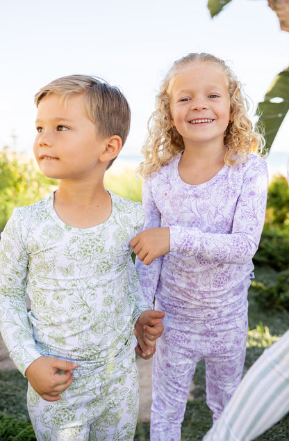 Shae & Palmer botanical moss green bamboo toddler pajamas worn by children — luxury sleepwear for modern families