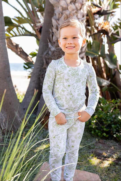Shae & Palmer botanical moss green bamboo toddler pajamas — soft and breathable sleepwear for toddlers