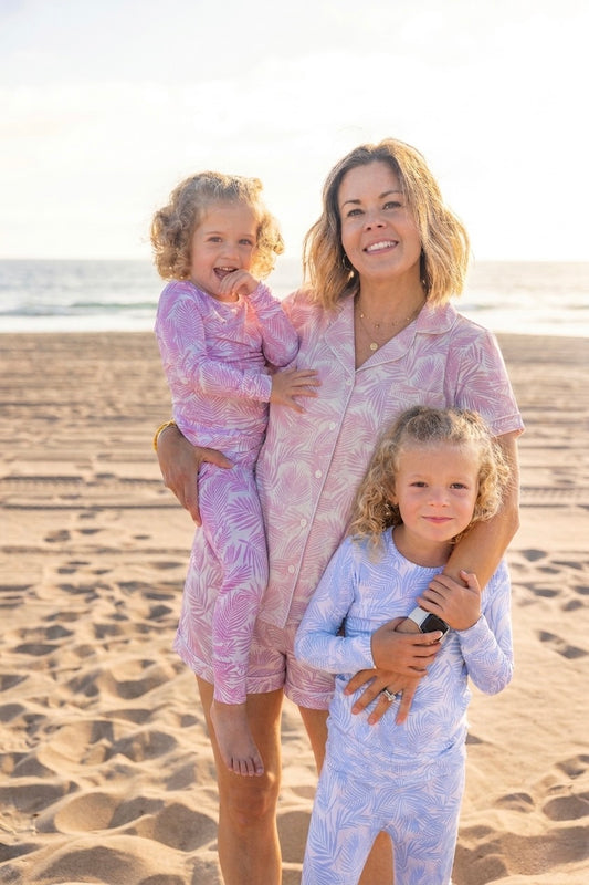 Women’s Cali Coastal bamboo pajama set by Shae & Palmer featuring a soft palm leaf print with breathable, buttery-soft bamboo fabric.