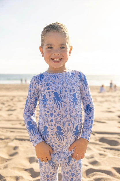Coastal-inspired toddler bamboo pajama set in the Hidden Ocean Treasures underwater print made from buttery-soft bamboo fabric