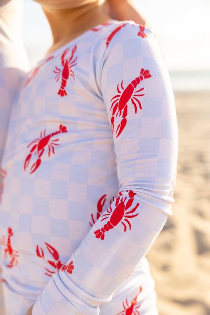Coastal-inspired Lobster Splash bamboo pajama set for big kids made from buttery-soft breathable bamboo fabric