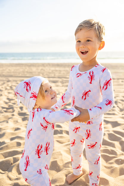Coastal-inspired toddler bamboo pajama set in the Lobster Splash print made from ultra-soft breathable bamboo fabric