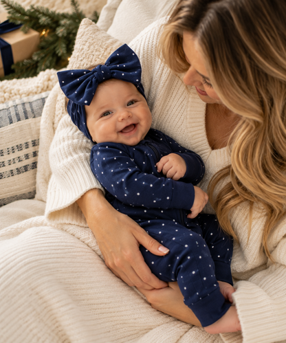 Smiling baby girl wearing Shae & Palmer Midnight Dot navy blue polka dot bamboo pajamas and matching bow headband, cuddled by her mother in a white knit sweater. Cozy holiday baby outfit perfect for Christmas and Hanukkah celebrations.