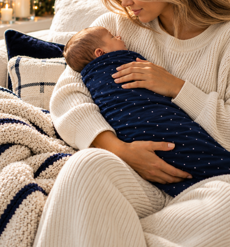 Mother cuddling her newborn wrapped in Shae & Palmer's Midnight Dot navy blue bamboo baby blanket with delicate white polka dots. A cozy holiday moment featuring a soft, breathable newborn blanket, perfect for Christmas and Hanukkah gifting.