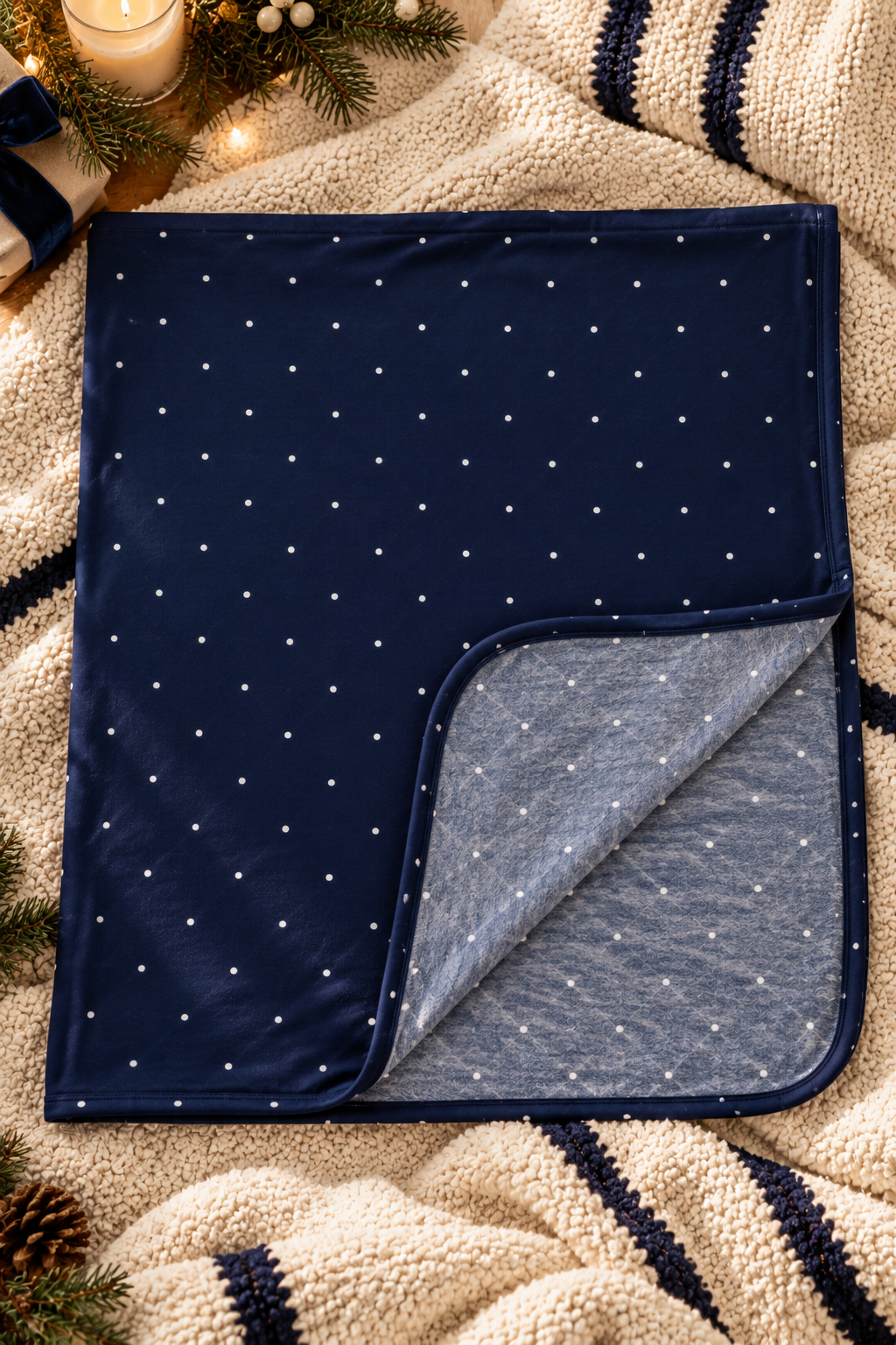 Shae & Palmer Midnight Dot navy blue bamboo baby blanket with white polka dots, styled on a cozy cream knit throw with festive holiday greenery and candles. A soft, breathable baby blanket perfect for Christmas and Hanukkah gifts.