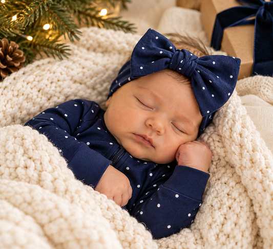 Sleeping newborn wearing Shae & Palmer Midnight Dot navy blue and white polka dot bamboo baby pajamas with matching bow headband, nestled in a cozy cream knit blanket with festive holiday greenery and warm Christmas lights.