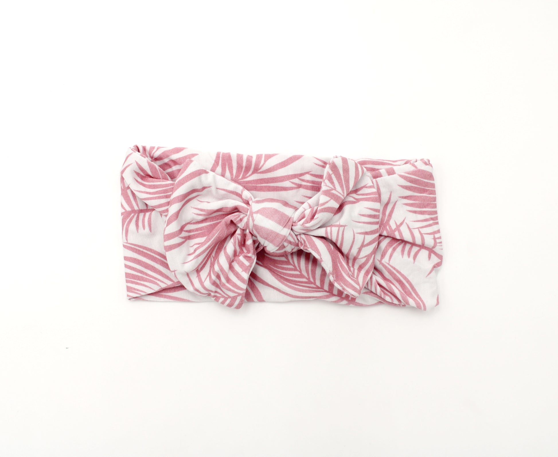 Ultra-soft bamboo baby headband with pink palm leaf design from the Shae & Palmer Cali Coastal collection