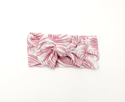 Ultra-soft bamboo baby headband with pink palm leaf design from the Shae & Palmer Cali Coastal collection