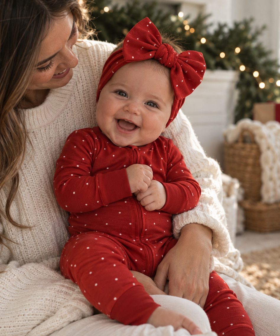 Happy baby girl wearing Shae & Palmer Ruby Dot red polka dot bamboo Christmas pajamas with matching baby bow headband, cuddled by her mother in a cozy white sweater during the holidays.