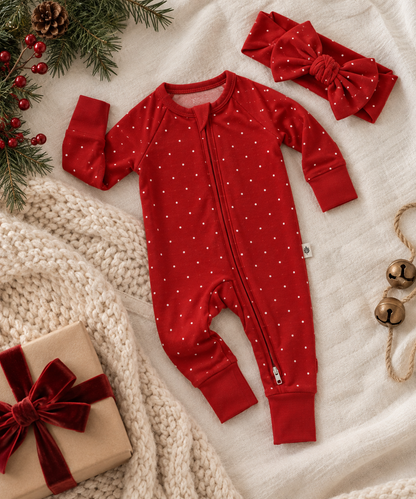 Shae & Palmer Ruby Dot red bamboo baby romper with white polka dots, double zipper, solid red cuffs, and matching bow headband, styled with cream knit blankets and festive Christmas decorations.