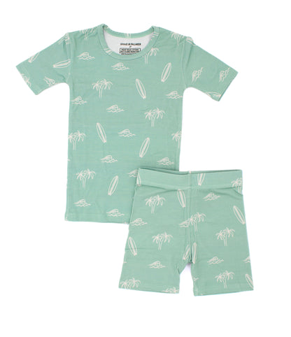 Toddler short sleeve and shorts bamboo pajama set in the Surfside Dreams print by Shae & Palmer with a relaxed beach-inspired design.