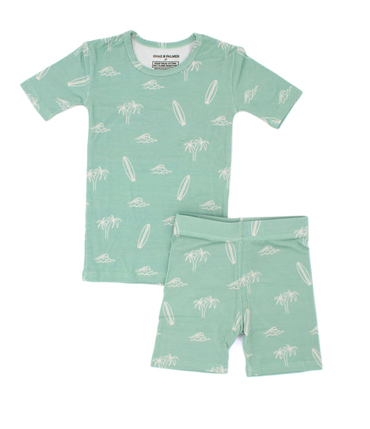 Toddler short sleeve and shorts bamboo pajama set in the Surfside Dreams print by Shae & Palmer with a relaxed beach-inspired design.