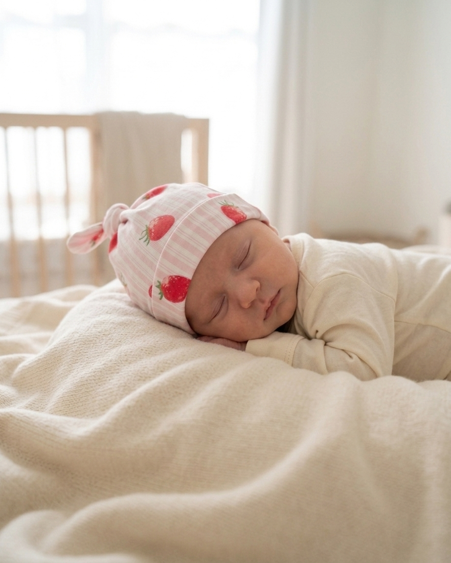 Strawberry Fields bamboo baby hat paired with matching baby pajamas