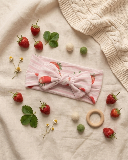 Strawberry Fields bamboo baby headband paired with matching baby pajamas