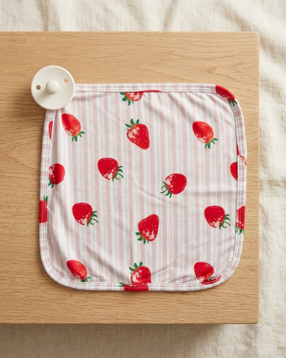 Strawberry Fields bamboo baby lovey with sweet strawberry print