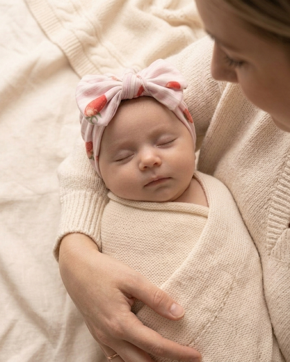 Baby wearing the Strawberry Fields bamboo headband by Shae & Palmer