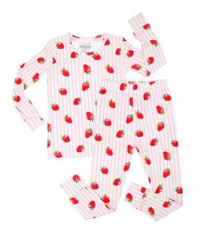 Strawberry Fields bamboo big kids pajamas flat lay, long-sleeve top and pants, red strawberry print detail