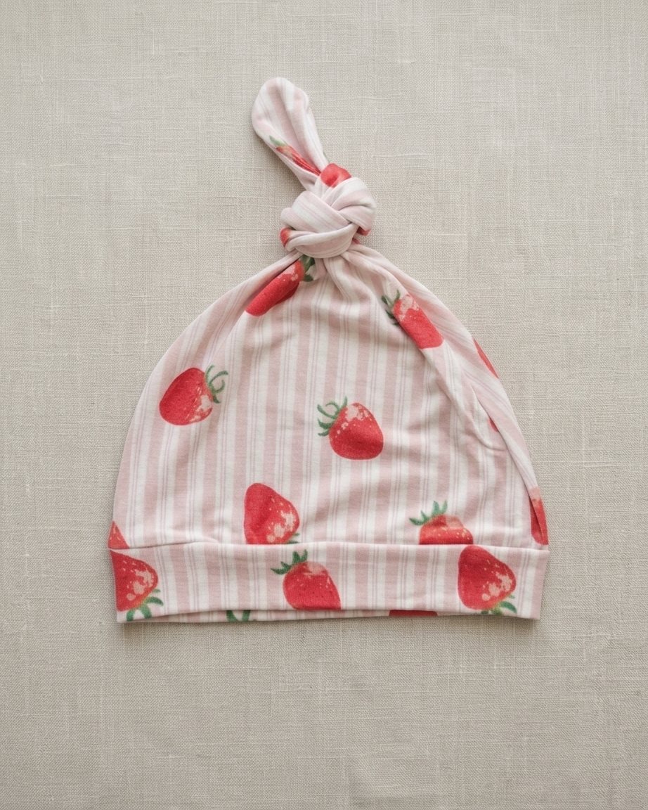 Strawberry Fields bamboo newborn baby hat with strawberry print