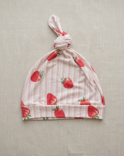 Strawberry Fields bamboo newborn baby hat with strawberry print