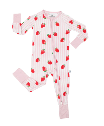 Baby romper in pink and white vintage stripe with hand-painted strawberry print, long sleeve bamboo baby romper, flat lay, hypoallergenic 