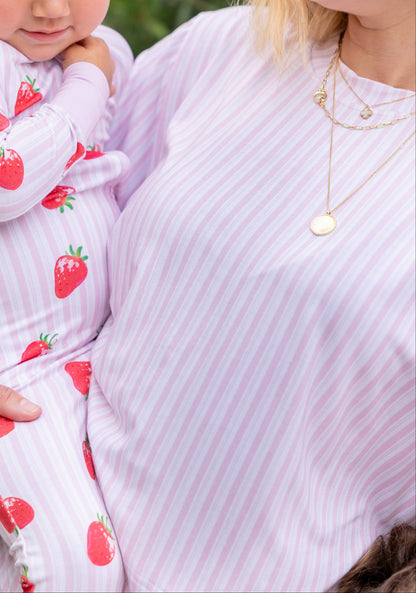 Mother and daughter in matching Strawberry Fields pink striped bamboo pajamas, part of Shae & Palmer's mommy-and-me luxury sleepwear collection.