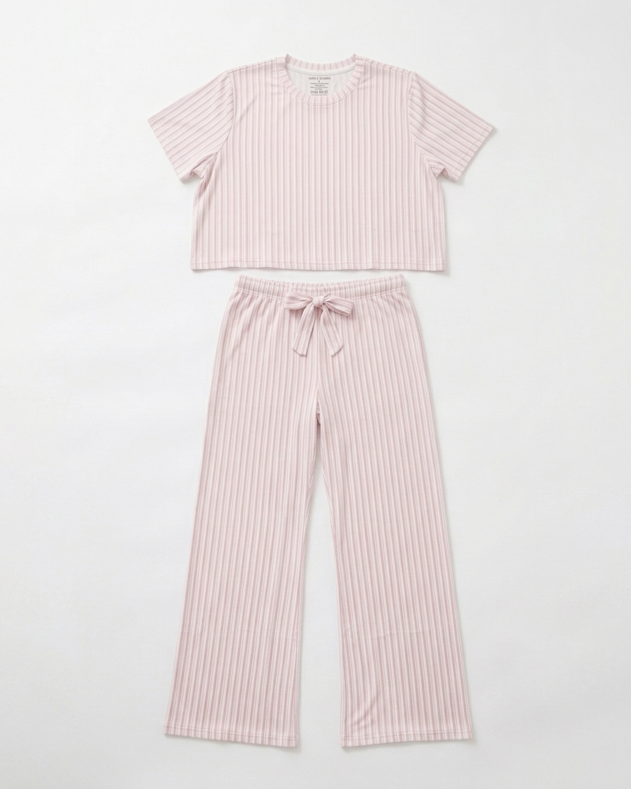 Women's Strawberry Stripes bamboo pajama set by Shae & Palmer featuring a blush pink striped short-sleeve top and matching wide-leg pants on a white background.