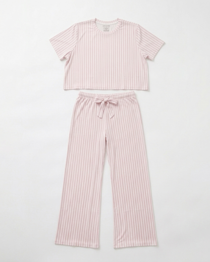 Women's Strawberry Stripes bamboo pajama set by Shae & Palmer featuring a blush pink striped short-sleeve top and matching wide-leg pants on a white background.