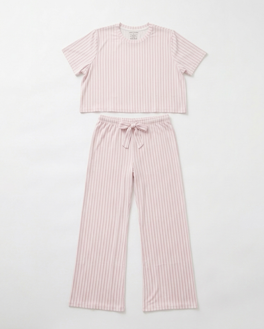 Women's Strawberry Stripes bamboo pajama set by Shae & Palmer featuring a blush pink striped short-sleeve top and matching wide-leg pants on a white background.