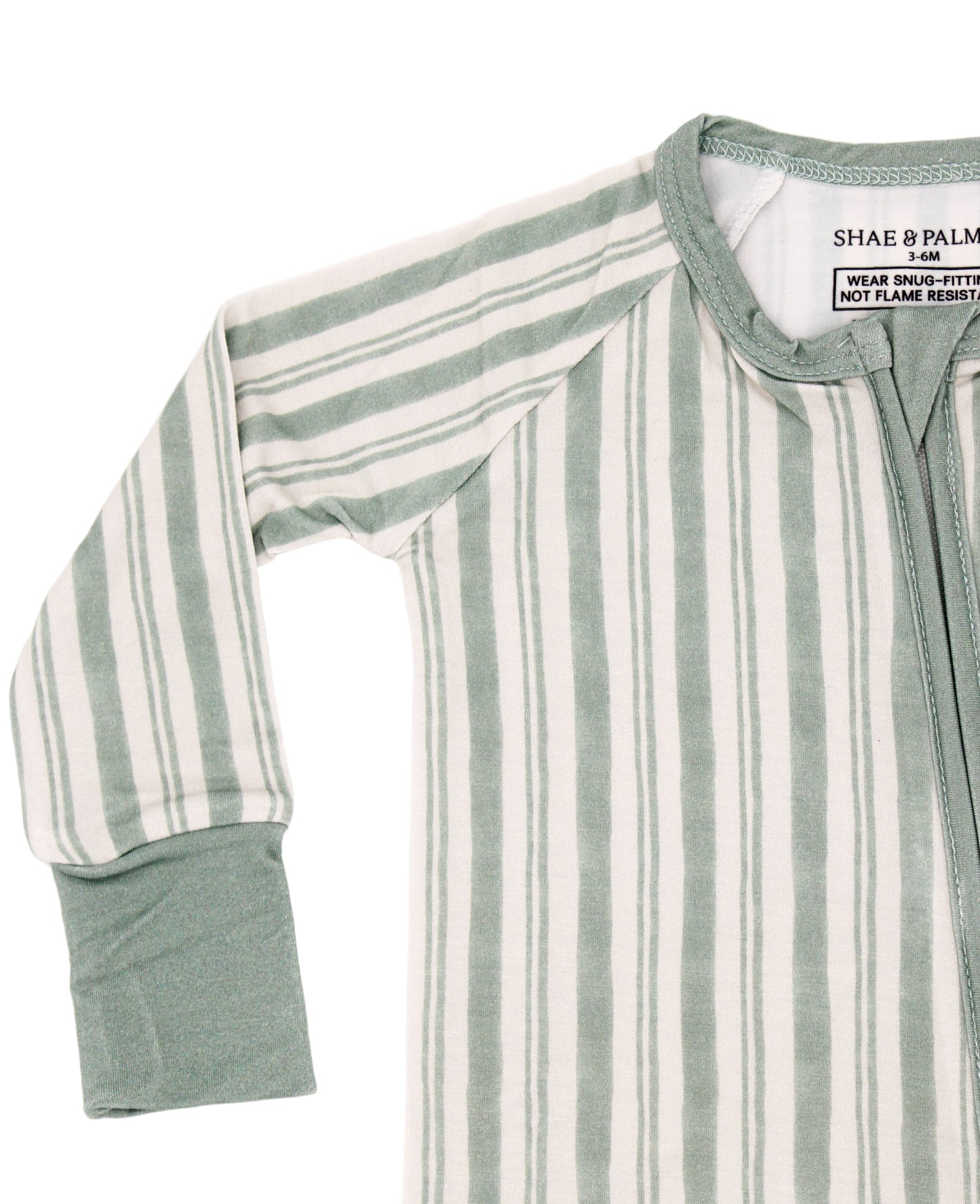 Shae & Palmer Studio Stripe Green bamboo baby pajamas with a modern stripe design, crafted for softness, sustainability, and functionality with a practical double-zip closure.