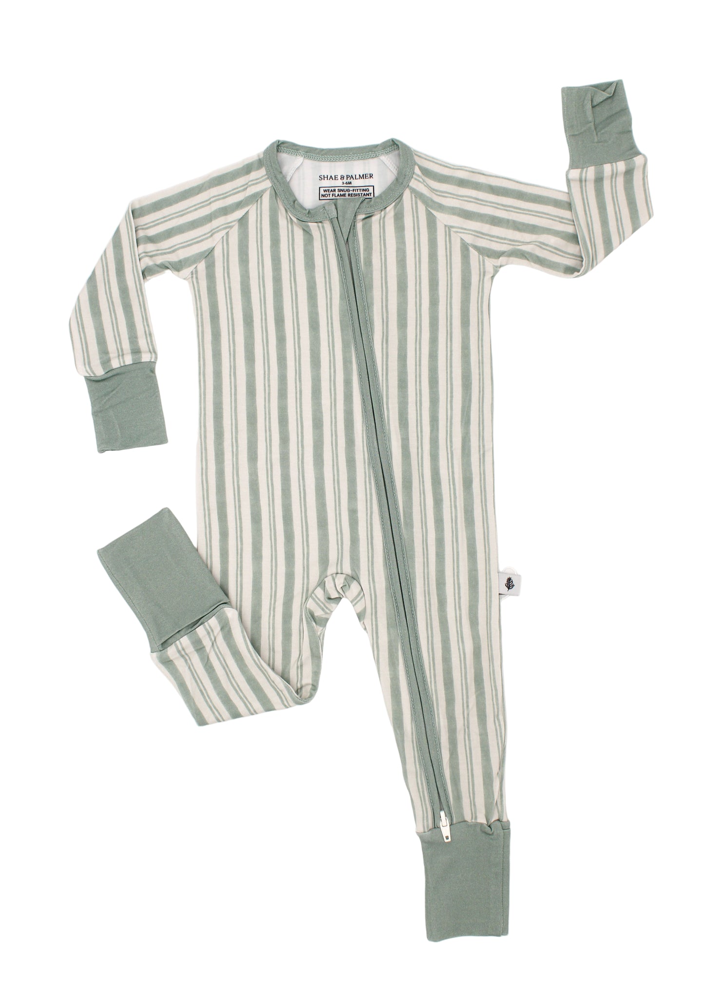 Shae & Palmer Studio Stripe Green baby romper made from sustainable bamboo fabric, featuring bold stripe details, a double zipper for easy changes, and buttery-soft comfort.
