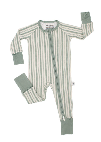 Shae & Palmer Studio Stripe Green baby romper made from sustainable bamboo fabric, featuring bold stripe details, a double zipper for easy changes, and buttery-soft comfort.
