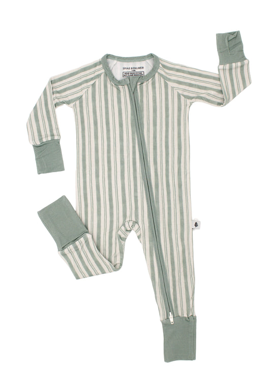 Shae & Palmer Studio Stripe Green baby romper made from sustainable bamboo fabric, featuring bold stripe details, a double zipper for easy changes, and buttery-soft comfort.