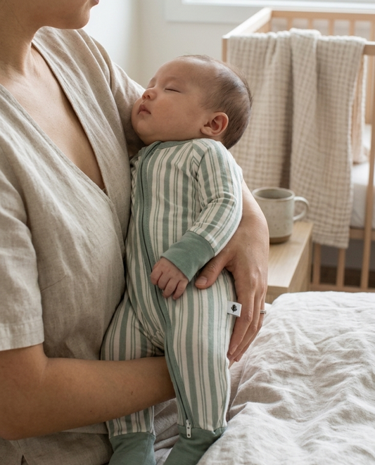 Studio Stripe Green Haze bamboo baby romper by Shae & Palmer with painterly green stripe print, ultra-soft breathable fabric, double zipper design