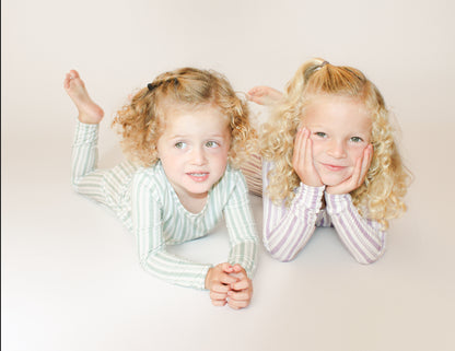 Shae & Palmer Studio Stripe Collection, bamboo toddler pajamas in Green Haze. Ultra-soft, breathable two-piece pajama set for baby and toddler, perfect for cozy sleep and all-day play.
