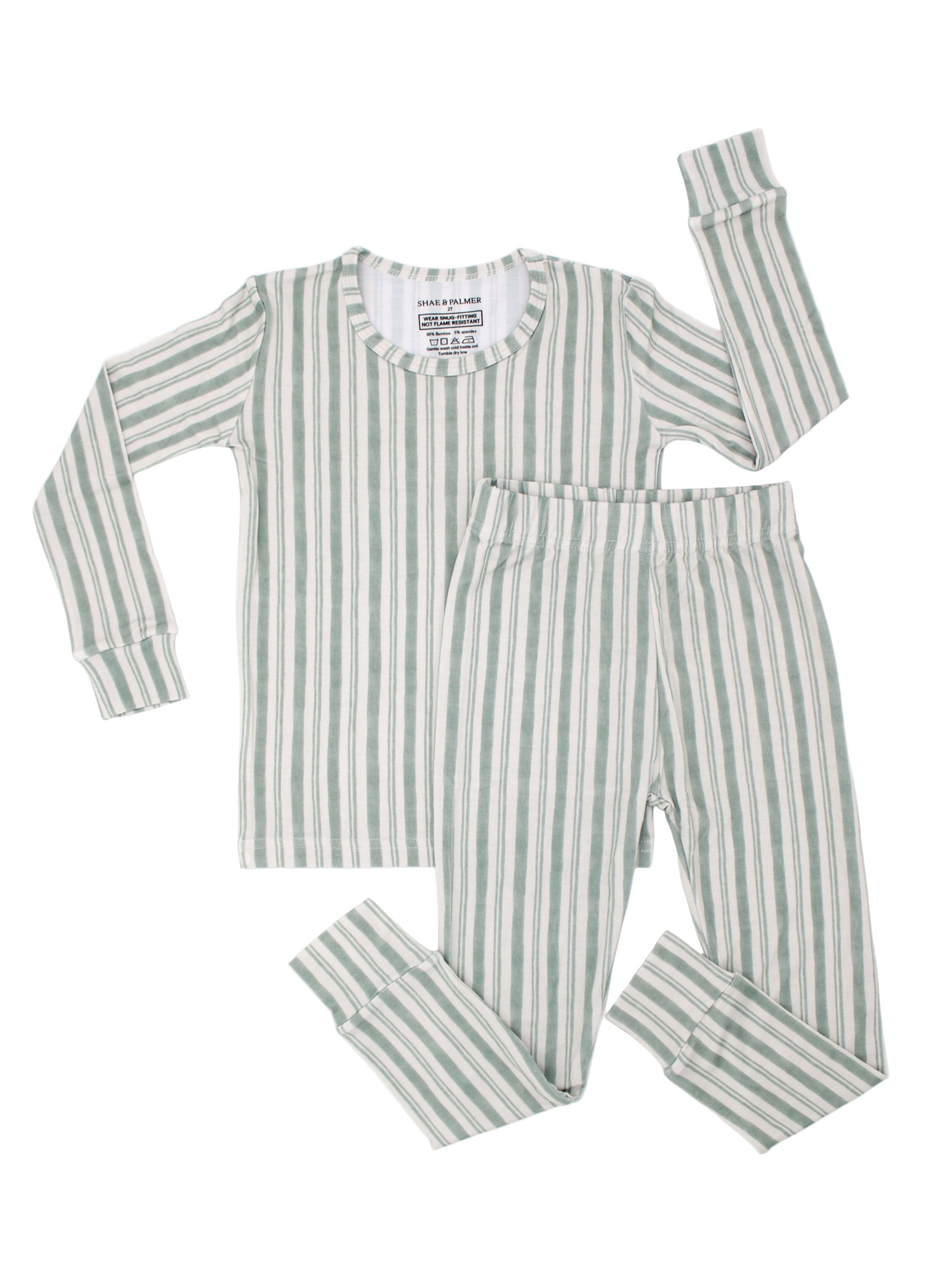 Shae & Palmer Studio Stripe Collection, bamboo toddler pajamas in Green Haze. Ultra-soft, breathable two-piece pajama set for baby and toddler, perfect for cozy sleep and all-day play.