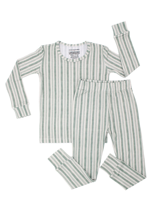 Shae & Palmer Studio Stripe Collection, bamboo toddler pajamas in Green Haze. Ultra-soft, breathable two-piece pajama set for baby and toddler, perfect for cozy sleep and all-day play.