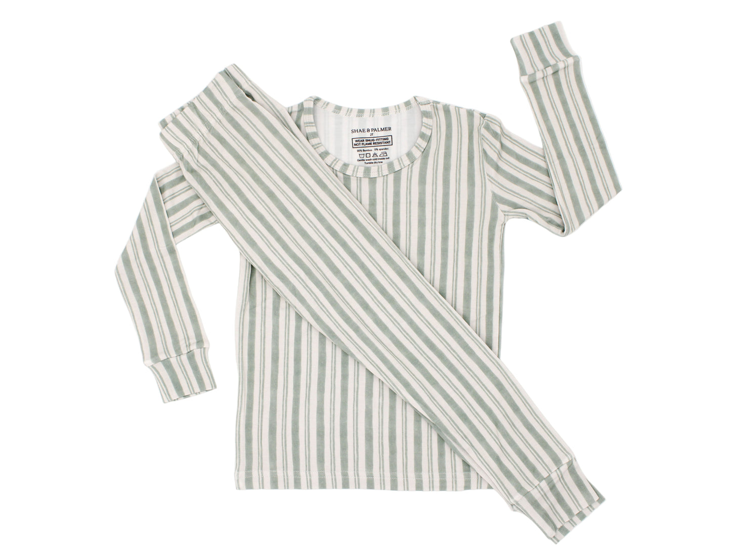 Shae & Palmer Studio Stripe Collection, bamboo toddler pajamas in Green Haze. Ultra-soft, breathable two-piece pajama set for baby and toddler, perfect for cozy sleep and all-day play.