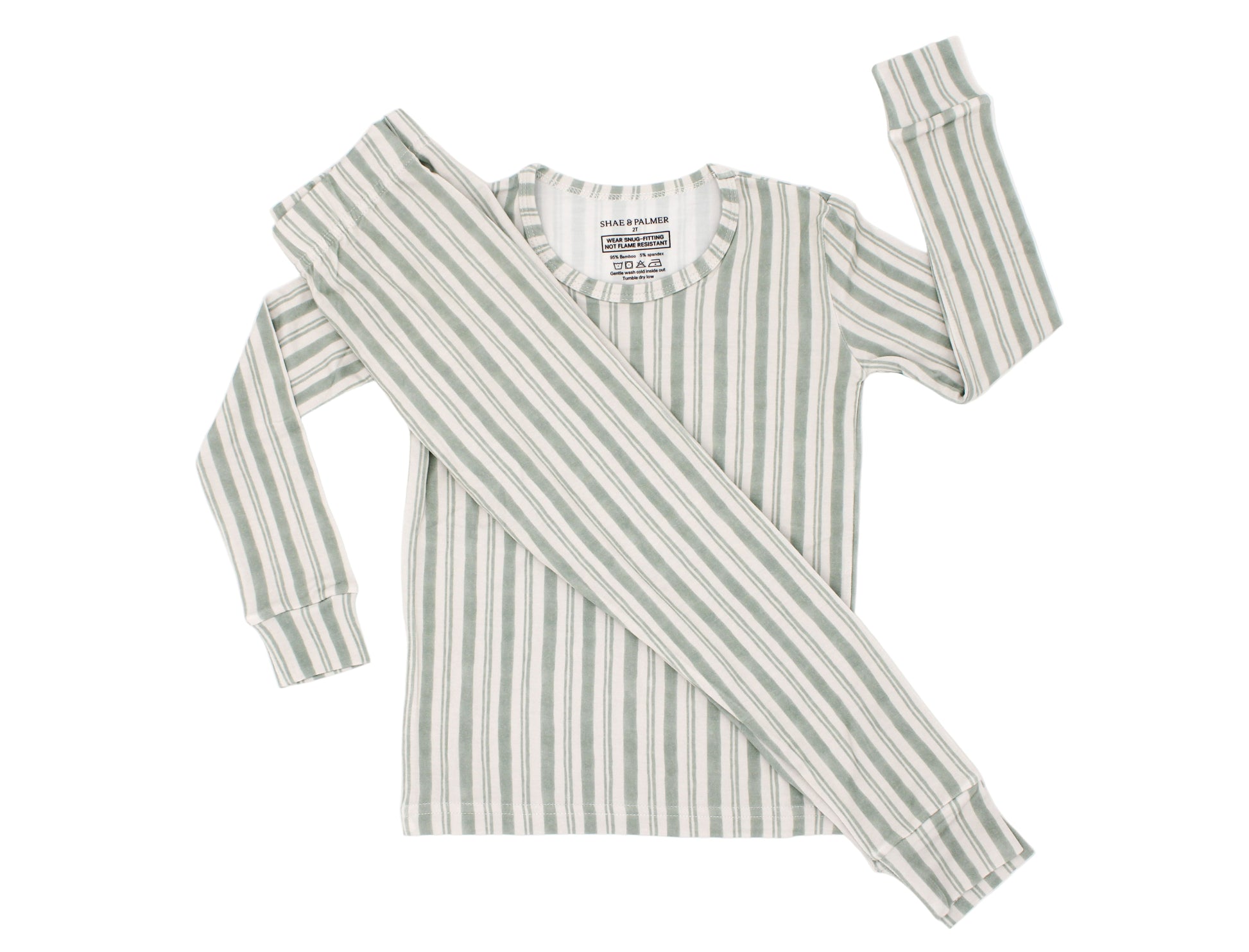 Shae & Palmer Studio Stripe Collection, bamboo toddler pajamas in Green Haze. Ultra-soft, breathable two-piece pajama set for baby and toddler, perfect for cozy sleep and all-day play.
