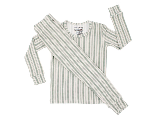 Shae & Palmer Studio Stripe Collection, bamboo toddler pajamas in Green Haze. Ultra-soft, breathable two-piece pajama set for baby and toddler, perfect for cozy sleep and all-day play.
