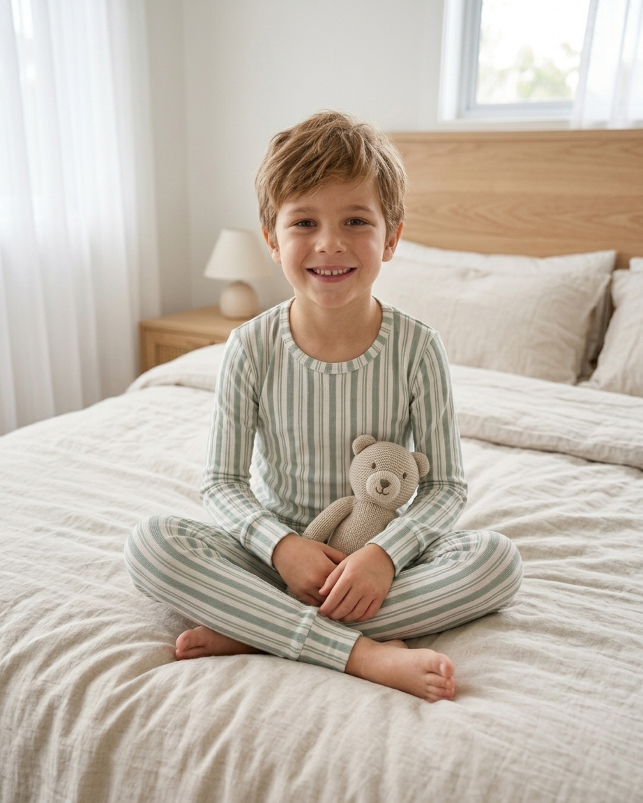 Studio Stripe Green Haze big kids bamboo pajamas by Shae & Palmer with painterly green stripe print, ultra-soft breathable two-piece set