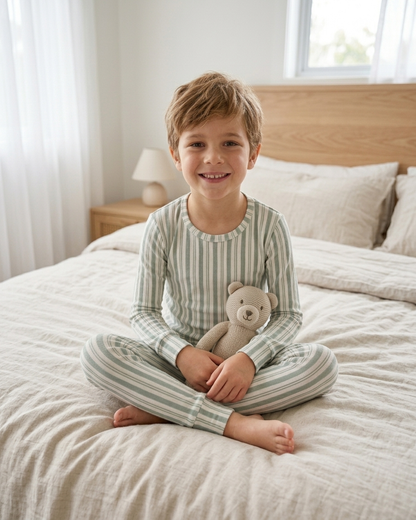 Studio Stripe Green Haze big kids bamboo pajamas by Shae & Palmer with painterly green stripe print, ultra-soft breathable two-piece set