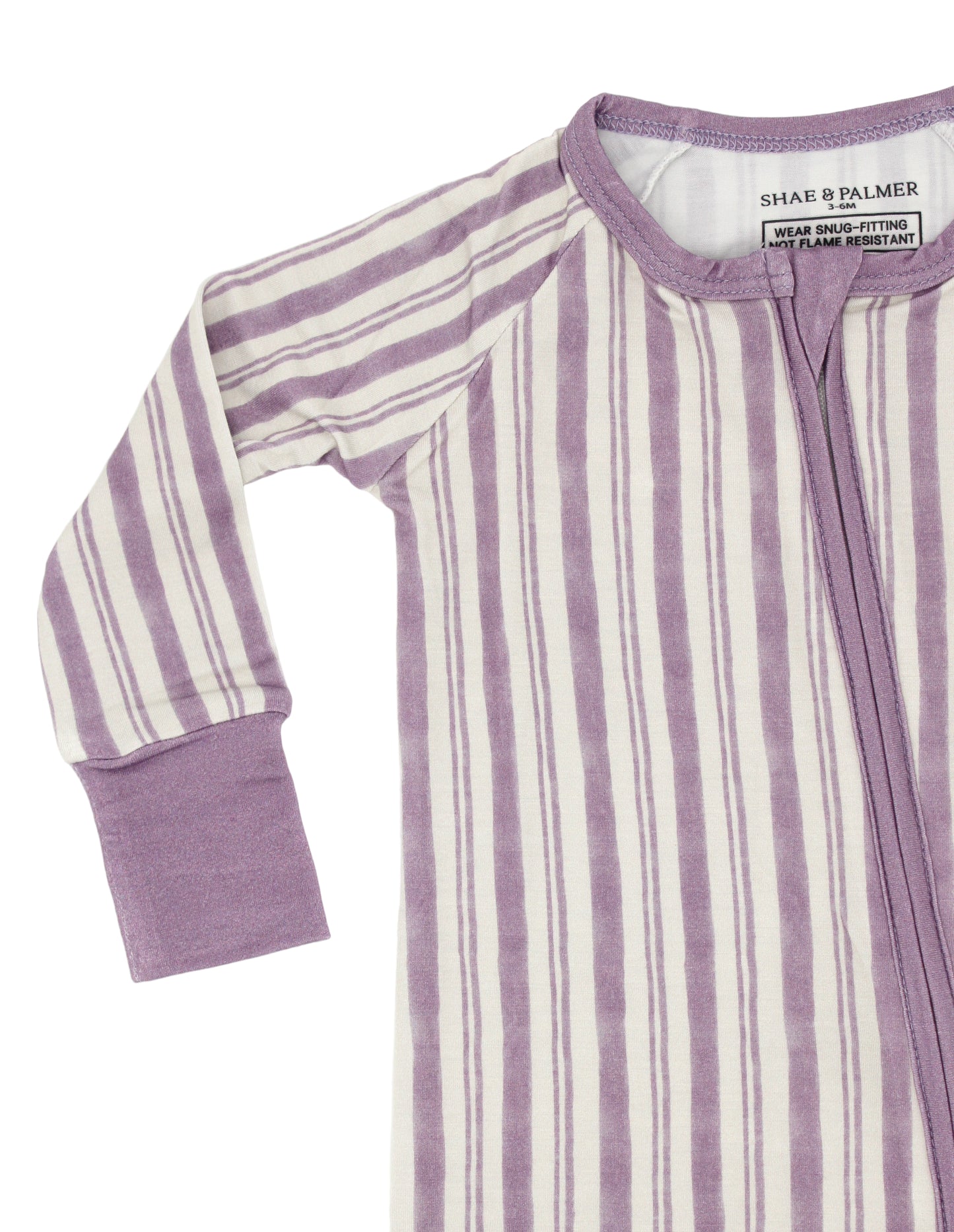 Shae & Palmer Studio Stripe Collection, bamboo toddler pajamas in Purple Haze. Ultra-soft, breathable zipper romper pajama set for baby, perfect for cozy sleep and all-day play.