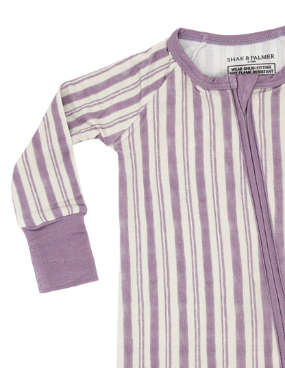 Shae & Palmer Studio Stripe Collection, bamboo toddler pajamas in Purple Haze. Ultra-soft, breathable zipper romper pajama set for baby, perfect for cozy sleep and all-day play.
