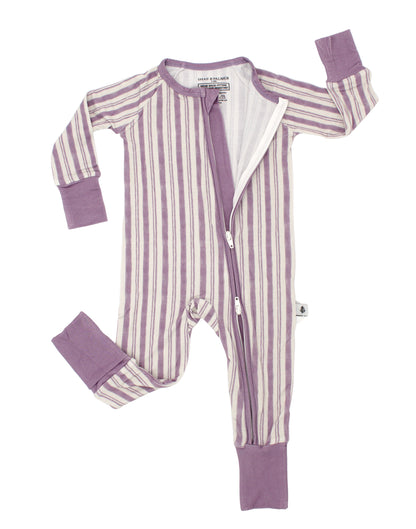 Shae & Palmer Studio Stripe Collection, bamboo toddler pajamas in Purple Haze. Ultra-soft, breathable zipper romper pajama set for baby, perfect for cozy sleep and all-day play.