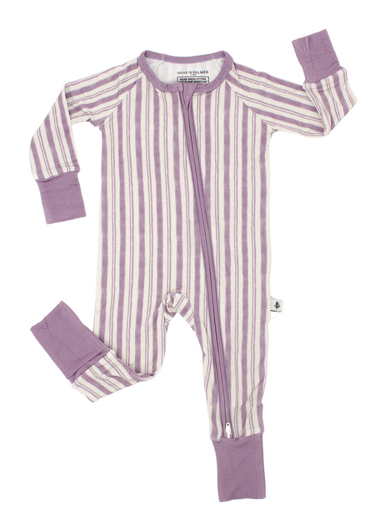 Shae & Palmer Studio Stripe Collection, bamboo toddler pajamas in Purple Haze. Ultra-soft, breathable zipper romper pajama set for baby, perfect for cozy sleep and all-day play.