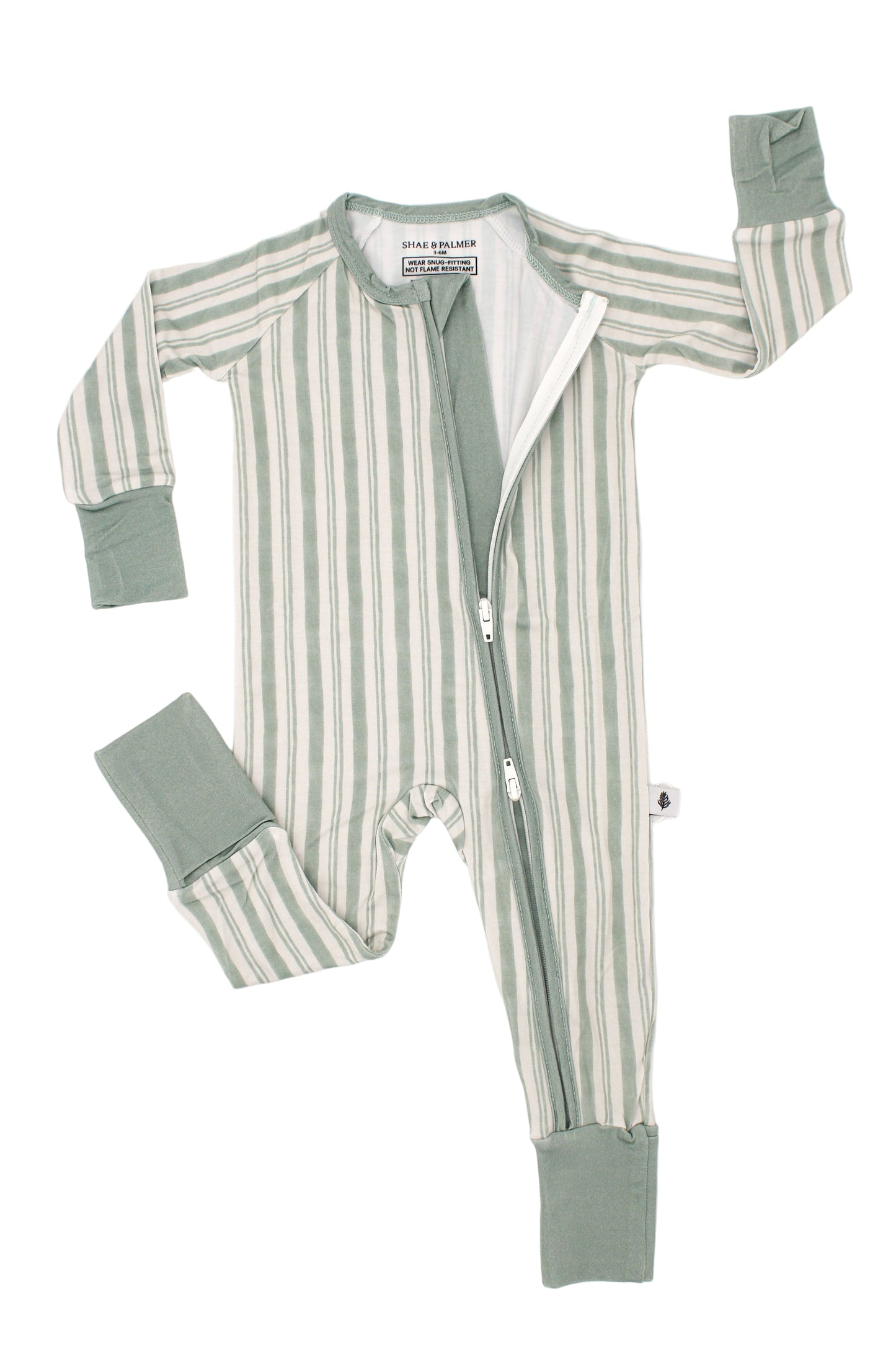 Shae & Palmer Studio Stripe Collection, bamboo toddler pajamas in Green Haze. Ultra-soft, breathable zipper romper pajama set for baby, perfect for cozy sleep and all-day play.