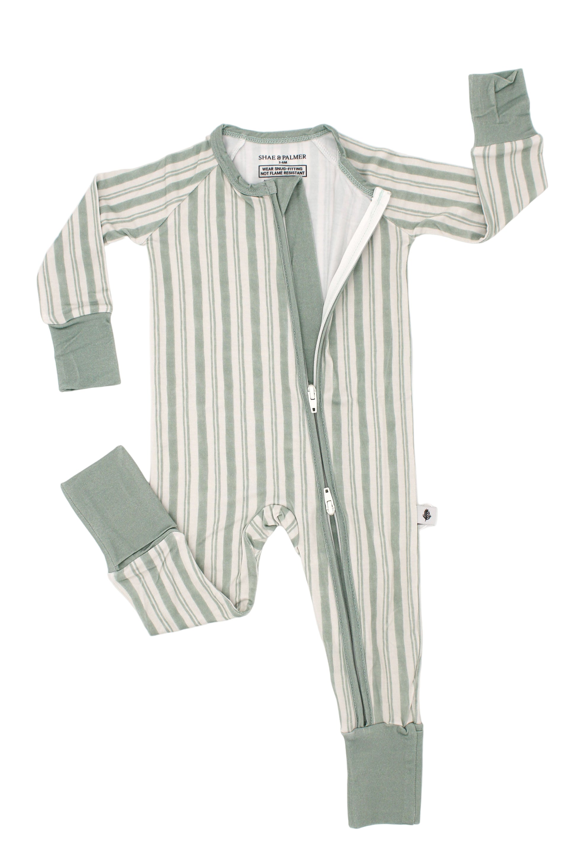 Shae & Palmer Studio Stripe Collection, bamboo toddler pajamas in Green Haze. Ultra-soft, breathable zipper romper pajama set for baby, perfect for cozy sleep and all-day play.